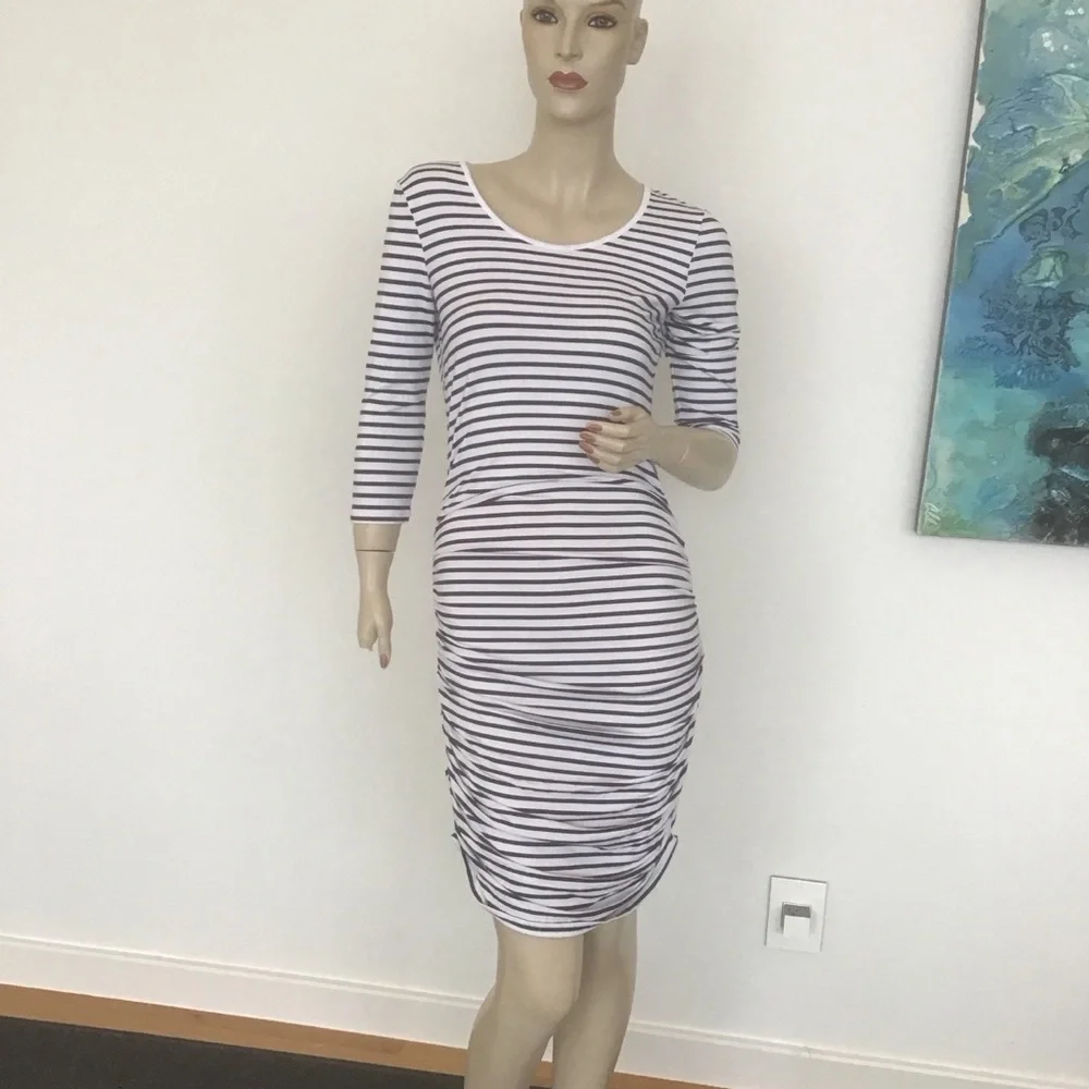 Mott50 Faith Bodycon Navy White Striped Bamboo Sun Protect SPF 50 Ruched Dress S